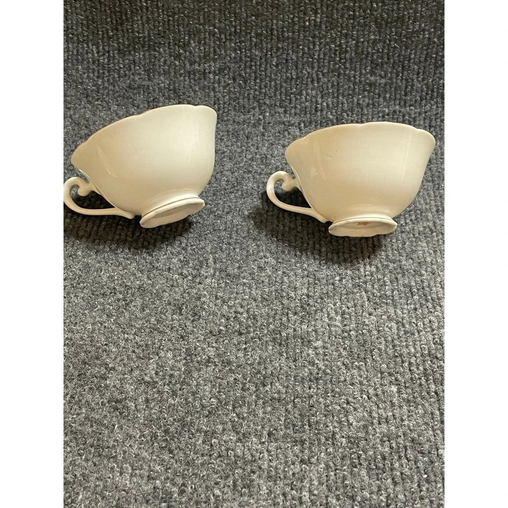 Vintage Maruyama Japan Porcelain Floral Teacups Set of 2 Pink Gold Scalloped Rim